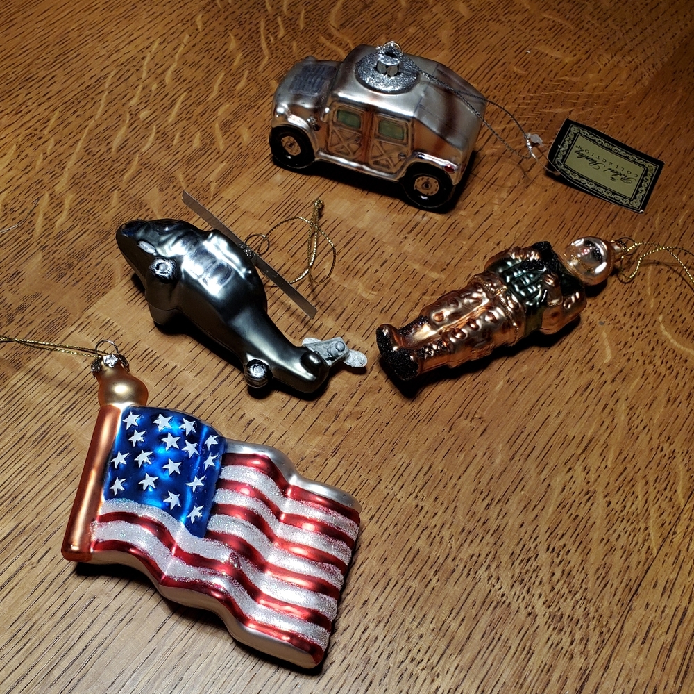 Set of 4 Military Themed glass Christmas ornaments